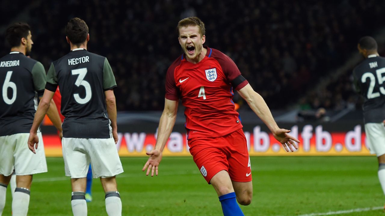 Eric Dier of England celebrates scoring his team's third and wining goal in the international friendly against Germany.  