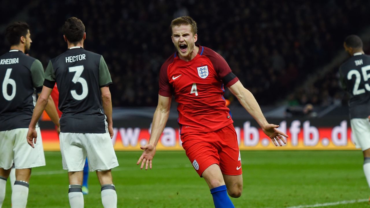 Eric Dier of England celebrates scoring his team's third and wining goal in the international friendly against Germany.