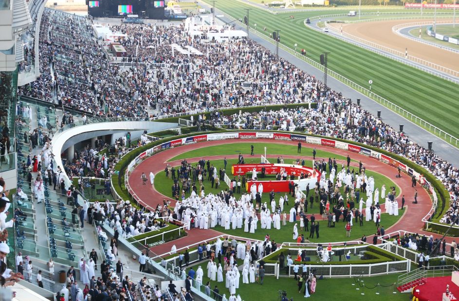 A general view of the packed winners' enclosure during the Dubai World Cup at Meydan Racecourse 