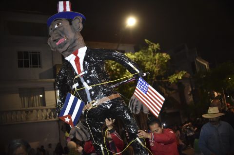 An effigy of U.S. President Barack Obama is burned during Holy Week celebrations in Mexico City.