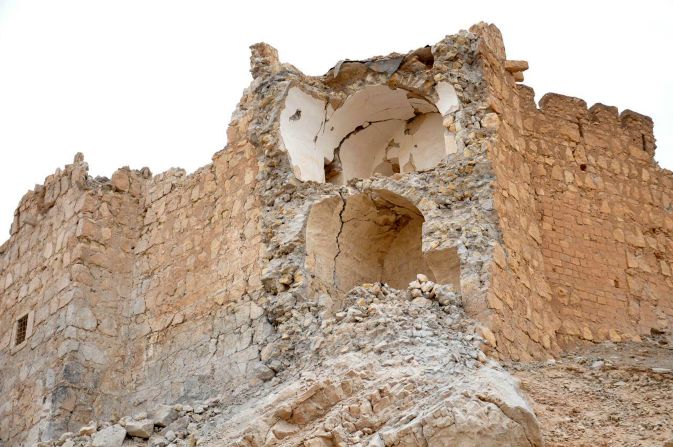 Damage to the Palmyra Castle, the ancient hilltop citadel formally known as Fakhr-al-Din al-Maani Castle, can be seen following the fighting on March 27.