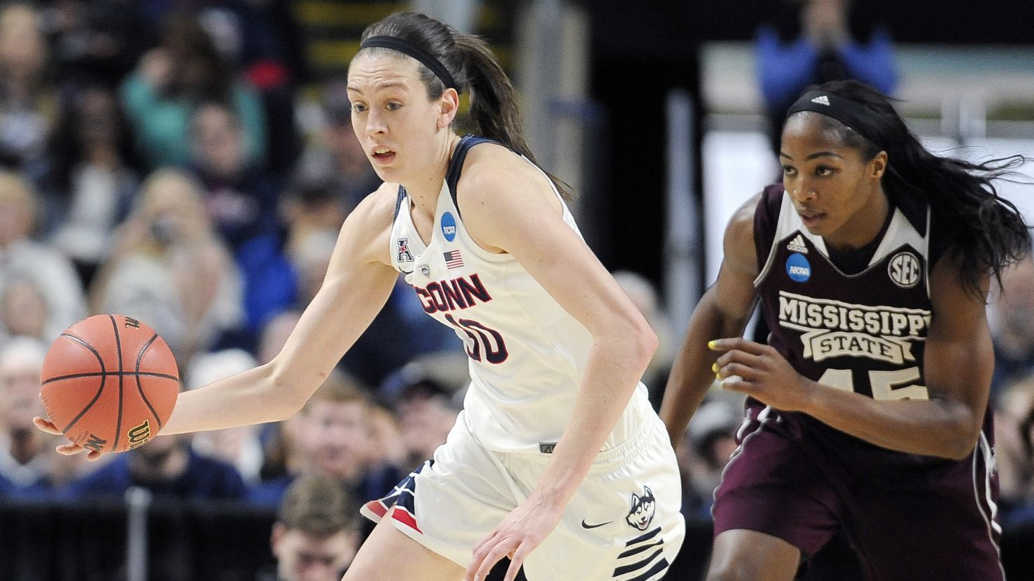 Breanna Stewart, left, had 22 points, 14 rebounds and five blocked shots in No. 1 Connecticut's rout of No. 5 Mississippi State in the regional semifinals of the women's NCAA Tournament in Bridgeport, Connecticut.