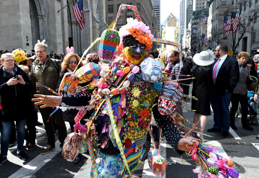 Fantastic costumes are intermingled with more traditional Easter attire. 