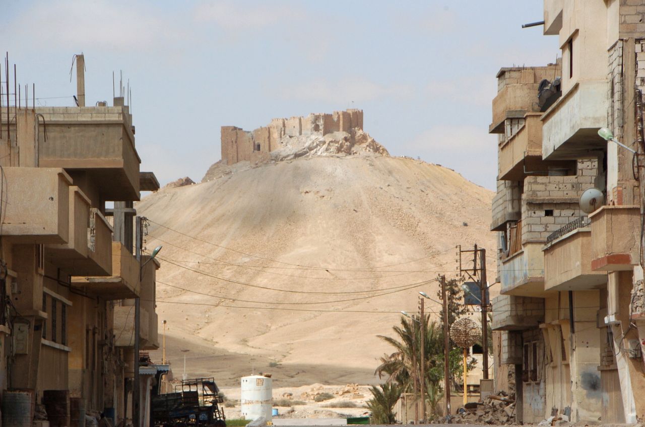 The ancient city of Palmyra as seen from a residential neighborhood of the modern part of the town.