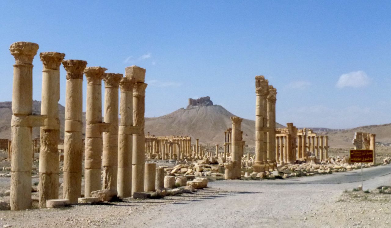 Greco-Roman inspired Persian columns remain standing after Syrian troops routed ISIS militants and recaptured the ancient city, once an oasis on a vital caravan route.  