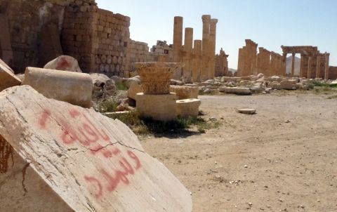 Graffiti seen on ancient stones that made up the 1st-century city of Palmyra, after the city was retaken by Syrian forces with Russian air support. 