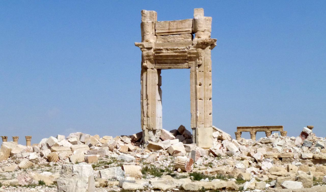 The remains of the entrance to the iconic Temple of Bel, destroyed by ISIS jihadists in September 2015 in the ancient city.  