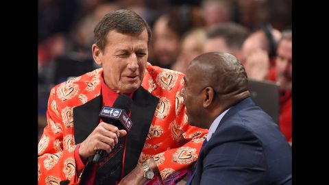 Sager interviews Hall of Famer Magic Johnson at the 2016 NBA All-Star Game. Sager returned to work in 2015 after taking 11 months off to treat acute myeloid leukemia, a cancer of the blood and bone marrow.