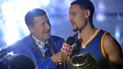 Sager interviews Golden State's Klay Thompson before the 2016 NBA All-Star Game. Sager was a sports anchor at CNN in the early days of the network.