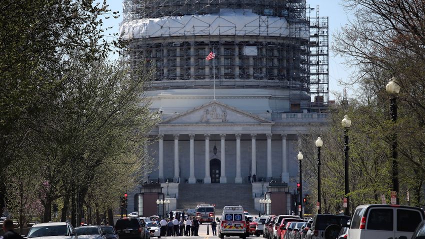 WASHINGTON, DC - MARCH 28:  Emergency personnel and law enforcement officers gather outside the U.S. Capitol after at least one person was shot in the Capitol Visitor Center March 28, 2016 in Washington, DC. The Capitol was placed in "lock down" following the shooting.  (Photo by Win McNamee/Getty Images)