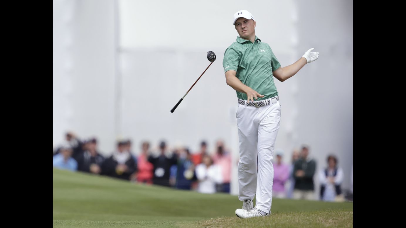 Jordan Spieth drops his club after hitting a shot at the WGC Match Play on Saturday, March 26. Spieth lost to Louis Oosthuizen in the fourth round.