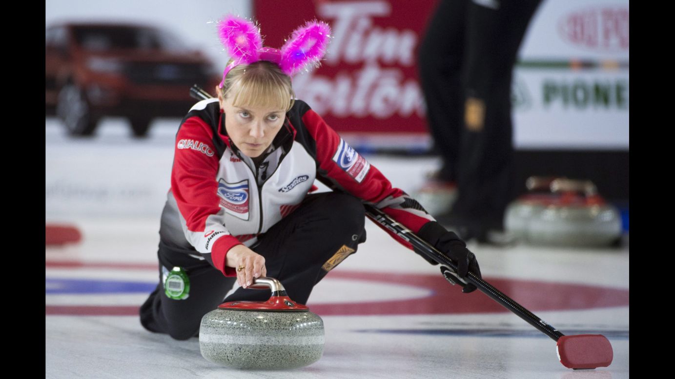 Canada's Amy Nixon wears a pair of bunny ears on Easter Sunday, March 27, before playing a game at the World Curling Championship in Swift Current, Saskatchewan.