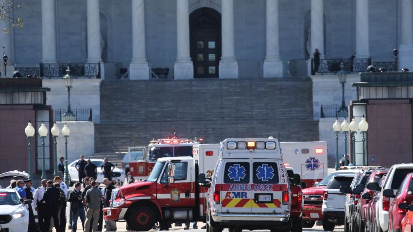 Emergency personnel respond during a lock down after shots were reportedly fired at the U.S. Capitol Visitor Center March 28, 2016 in Washington, DC.  