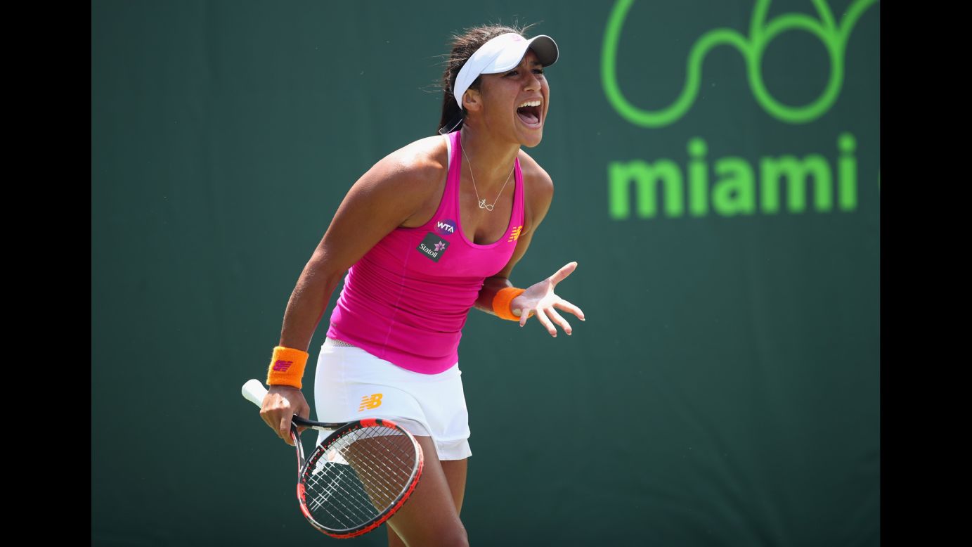 Heather Watson shouts during a third-round match at the Miami Open on Saturday, March 26. Watson defeated Yanina Wickmayer in three sets.
