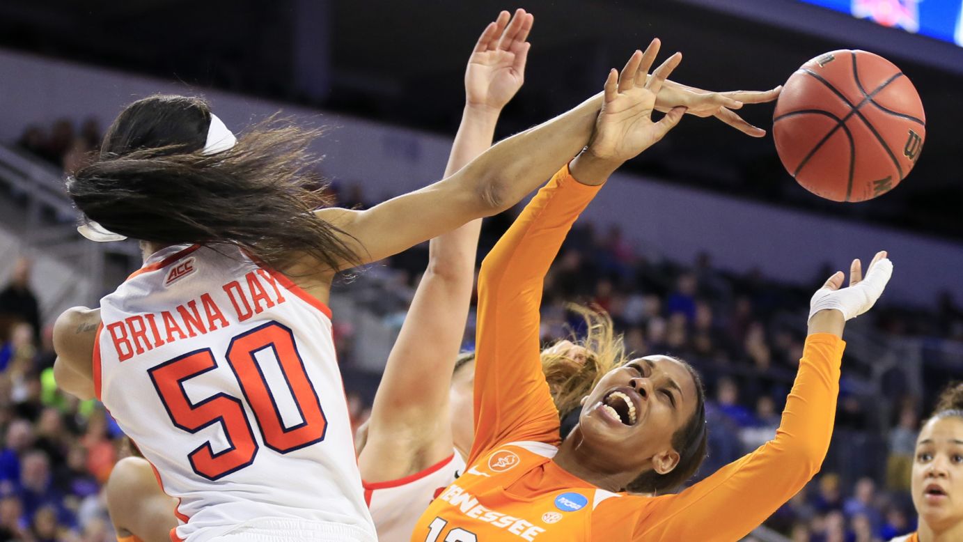 Tennessee forward Bashaara Graves is fouled by Syracuse's Briana Day during an NCAA Tournament game on Sunday, March 27. Syracuse won 89-67 to advance to the Final Four.
