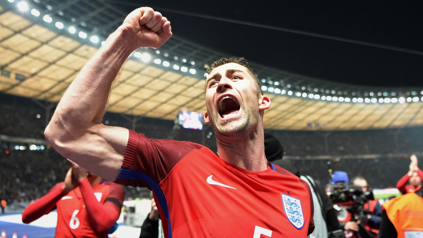 England defender Gary Cahill celebrates after his team defeated Germany 3-2 in a friendly match in Berlin on Saturday, March 26.