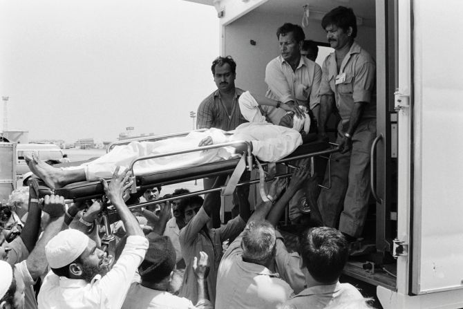 Twenty people were killed when Pan Am Flight 73 was hijacked on September 5, 1986, at Karachi airport in Pakistan by four armed men of the Abu Nidal Organization. In this photo injured victims are evacuated to a U.S. military hospital in Germany on September 6, 1986, after a 16-hour siege. One hijacker is <a href="index.php?page=&url=https%3A%2F%2Fwww.fbi.gov%2Fwanted%2Fwanted_terrorists%2Fjamal-saeed-abdul-rahim%2Fview" target="_blank" target="_blank">still wanted by the FBI.  </a>  