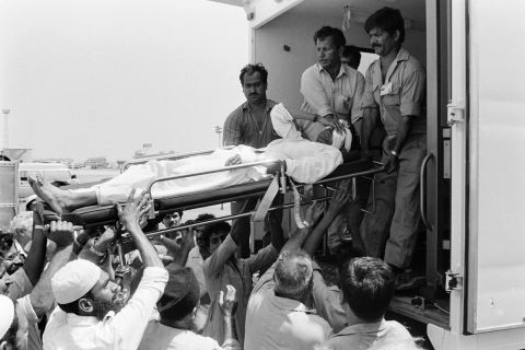 Twenty people were killed when Pan Am Flight 73 was hijacked on September 5, 1986, at Karachi airport in Pakistan by four armed men of the Abu Nidal Organization. In this photo injured victims are evacuated to a U.S. military hospital in Germany on September 6, 1986, after a 16-hour siege. One hijacker is <a href="https://www.fbi.gov/wanted/wanted_terrorists/jamal-saeed-abdul-rahim/view" target="_blank" target="_blank">still wanted by the FBI.  </a>  