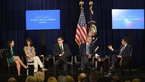 From left, Dr. Leana Wen, Crystal Oertle, Justin Luke Riley, President Obama and Dr. Sanjay Gupta during the National Rx Drug Abuse and Heroin Summit. 