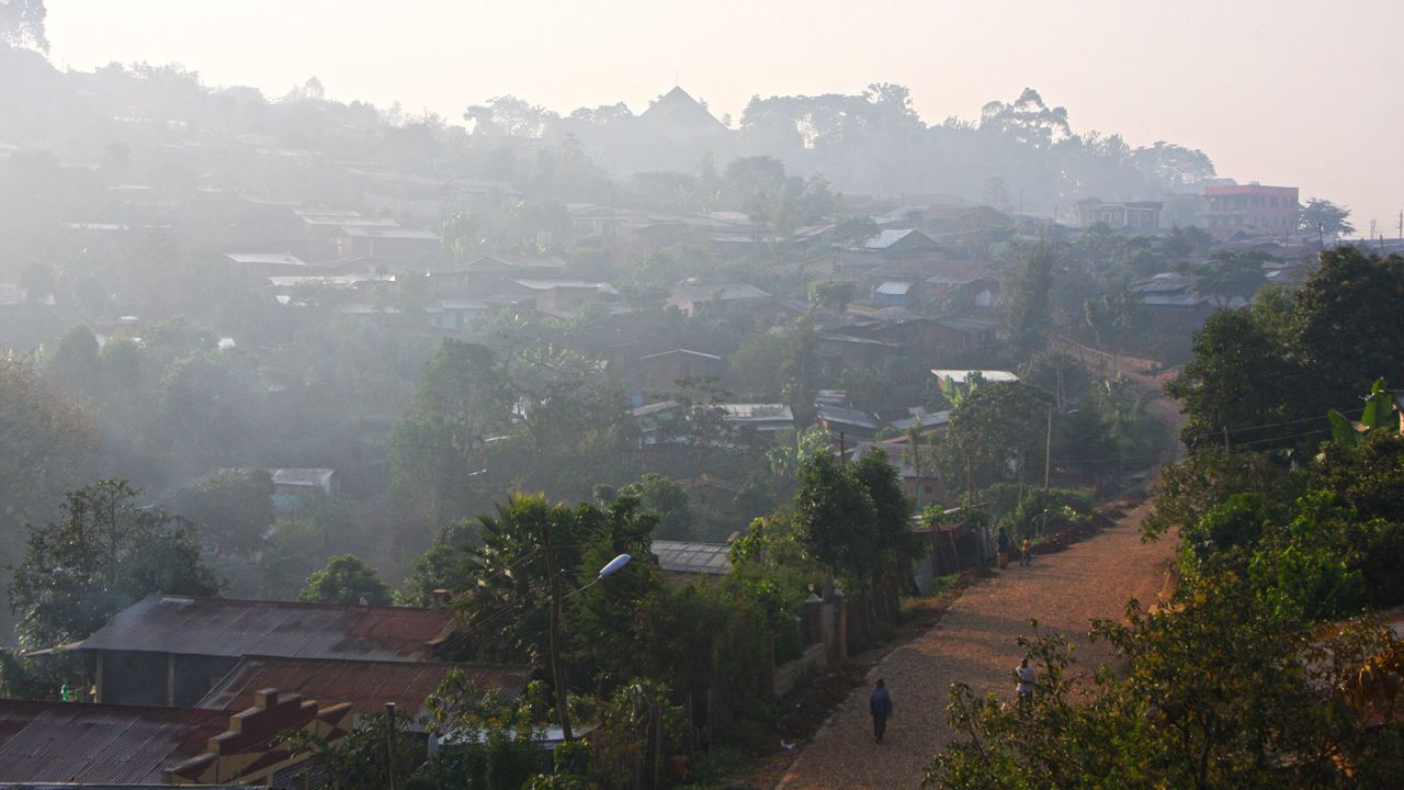 Local homesteads in Bonga blanketed by low-lying cloud early in the morning.