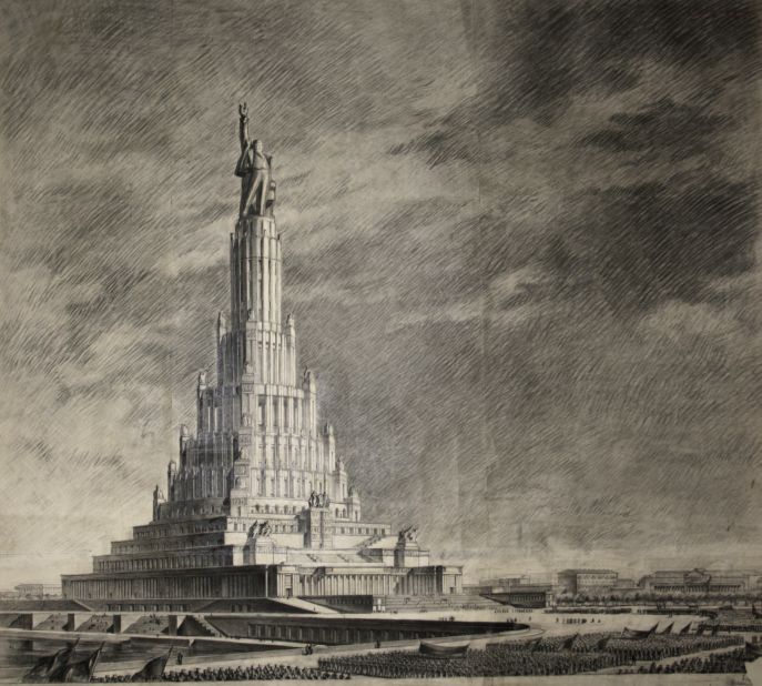 Boris Iofan's colossal design for the Palace of the Soviets has become one of the finest examples of an architectural moonshot that fell to earth. The imposing design was the winning entry of an international competition in 1931 for a new administrative and congress hall in Moscow, Russia. At a height of 1,365 feet (416m), it would have eclipsed the Empire State Building as the tallest in the world, while the 160 meter wide, 100 meter tall main hall held the capacity for 21,000 seats. <br /><br />The design was heavily revised over time -- partially under the instruction of Stalin himself -- emphasizing both neoclassical motifs and the gigantic statue of Lenin atop. The foundations were laid down by 1939 but the Nazi invasion in 1941 halted construction. It never resumed, although the abandoned site would still become home to a record-breaking build -- the Moskova Pool, in 1958, the world's largest outdoor swimming pool.