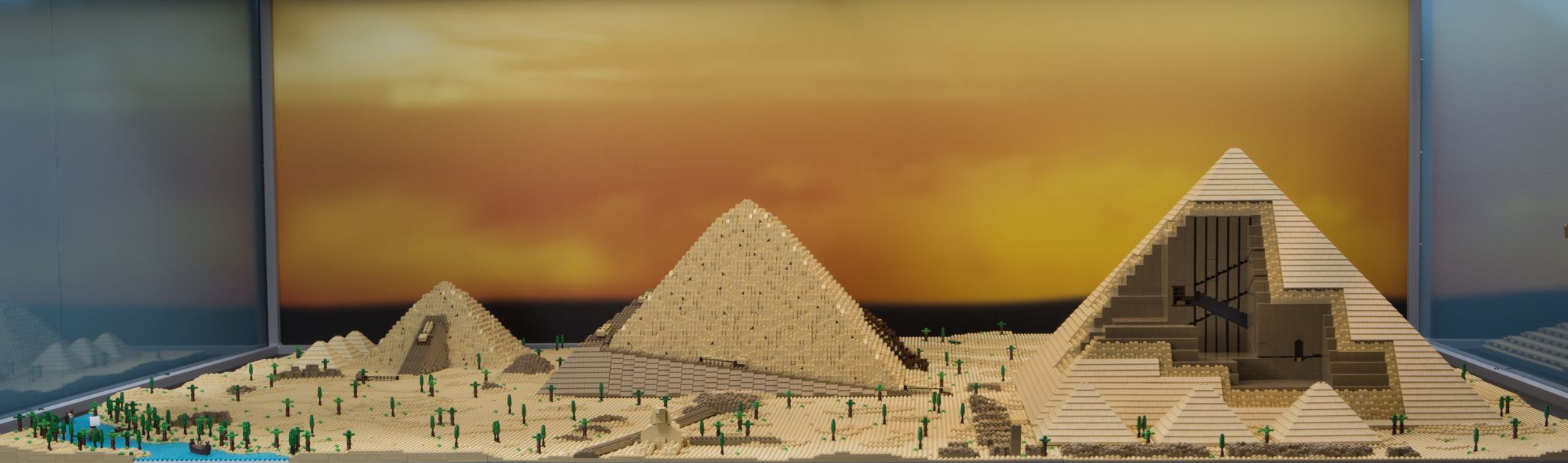 The pyramids took 45 hours build and are made up of 24,000 bricks. A close look reveals that the corner contains rare Lego pieces that are no longer made. 