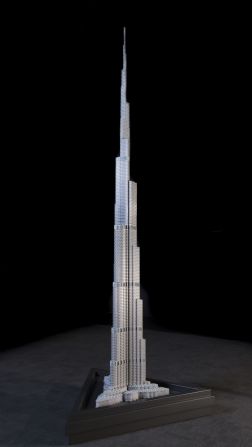 Tucker's plastic replica of Dubai's Burj Khalifa, the tallest building in the world, took "only" 16,500 bricks to build, 45 hours to design and 60 hours to build.