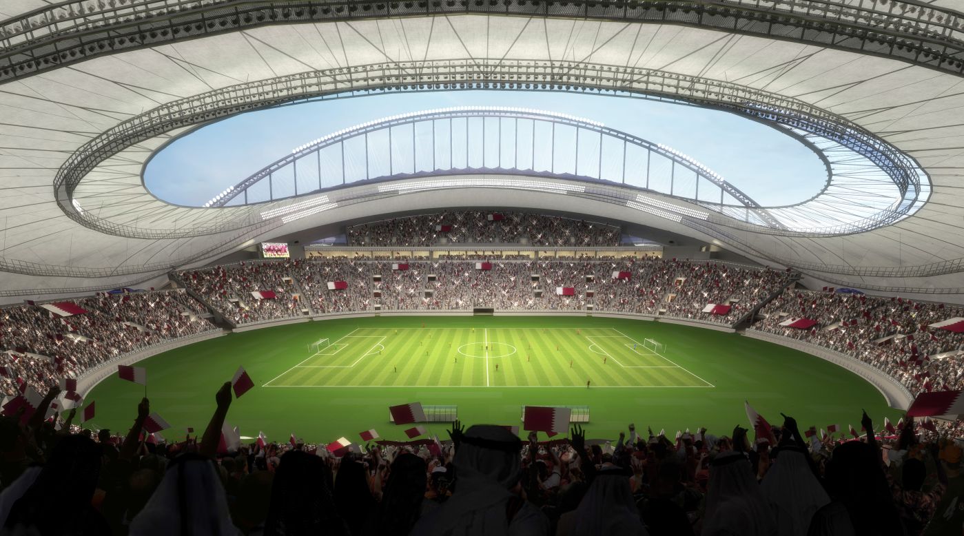 An artist's impression shows what the finished Khalifa stadium will look like. Qatar is spending a reported $200 billion -- more than any previous World Cup host -- on nine new air-conditioned stadiums, the major refurbishment of three venues and infrastructure. 