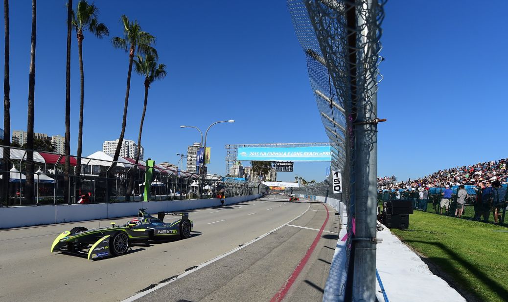 Formula E headed to the famous Southern California circuit in 2015. Nelson Piquet Jr leads the pack of electric cars under glorious blue skies at last April's race.