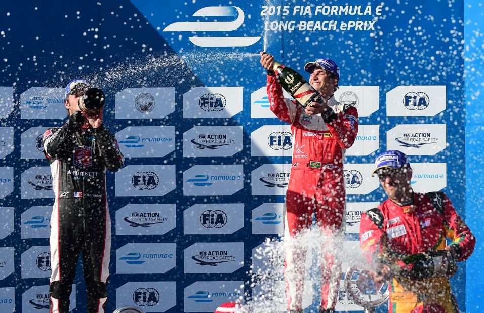 Inaugural champion Piquet Jr. (center) won his first ePrix in Long Beach in 2015. Here the Brazilian celebrates his first place finish for China Racing ahead of Andretti's Jean-Eric Vergne (left) and Abt's Lucas di Grassi (right).