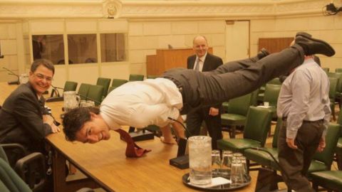 Justin Trudeau shows off his mayurasana, also known as peacock pose. 