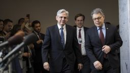 Supreme Court nominee Merrick Garland walks with Sen. Al Franken (D-MN)  as they head to a meeting in Franken's office on Capitol Hill, March 30, 2016 in Washington, DC.