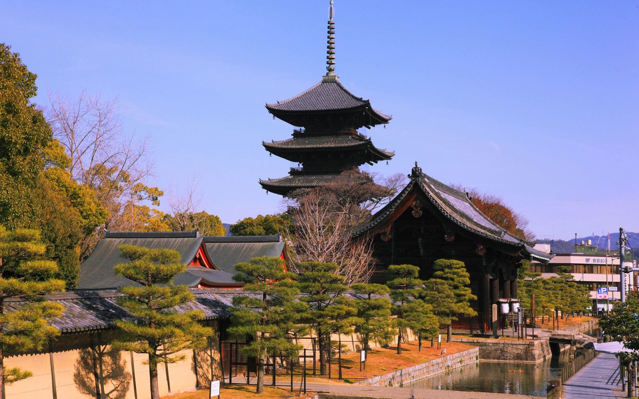 The five-story pagoda of this temple pavilion, standing 180 feet high (54.8 meters), is the tallest wooden tower in Japan.