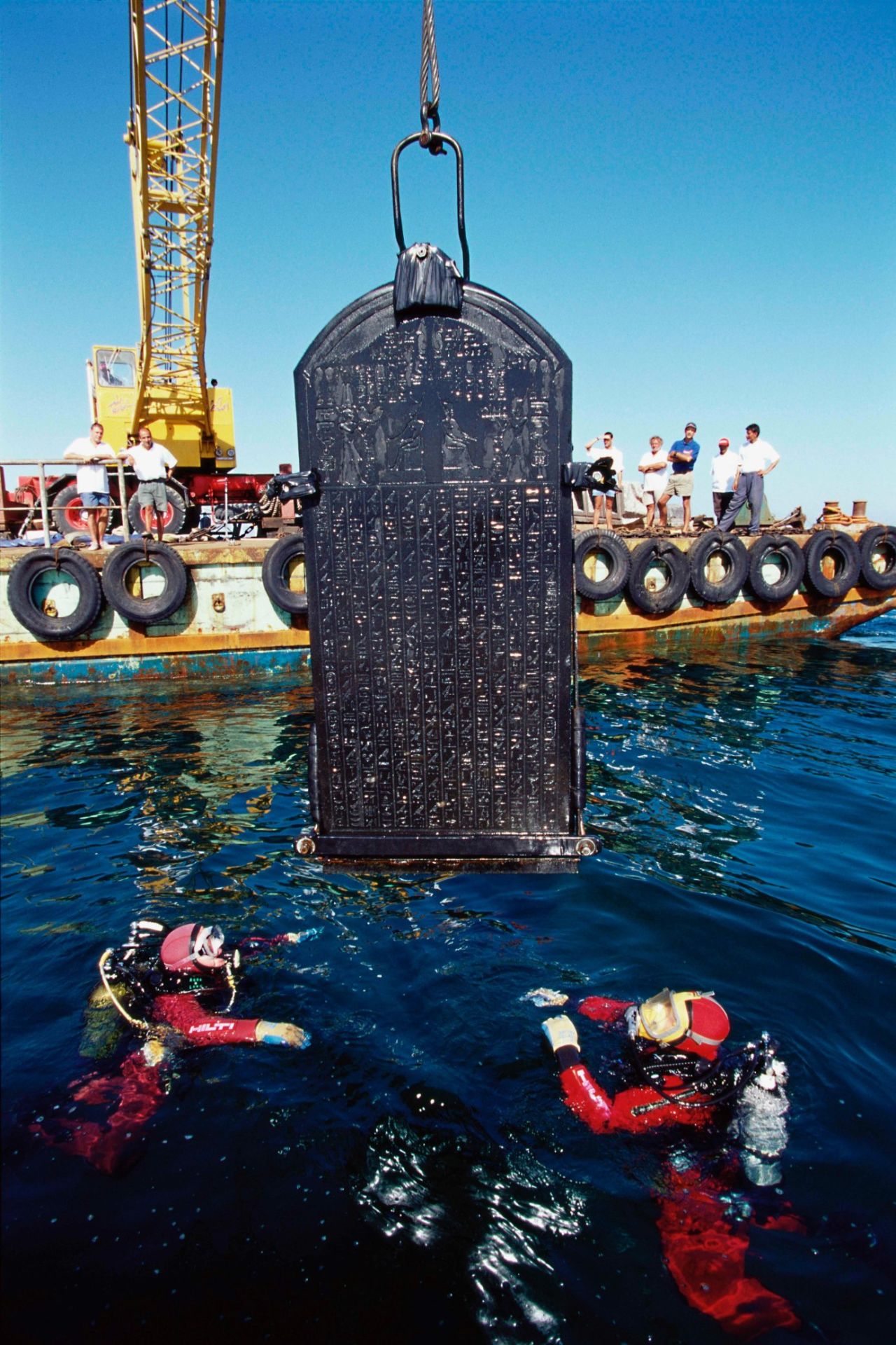 The intact stele is over six feet tall and was carefully removed by Goddio's team for preservation.