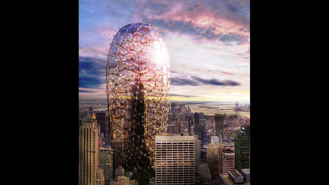 Soomin Kim and Seo-Hyun Oh, from South Korea, imagined an environmentally conscious make-over for New York's Empire State Building. This tower is wrapped in an environmentally friendly "skin" of pods and panels that create a greenhouse environment within the enclosure. 