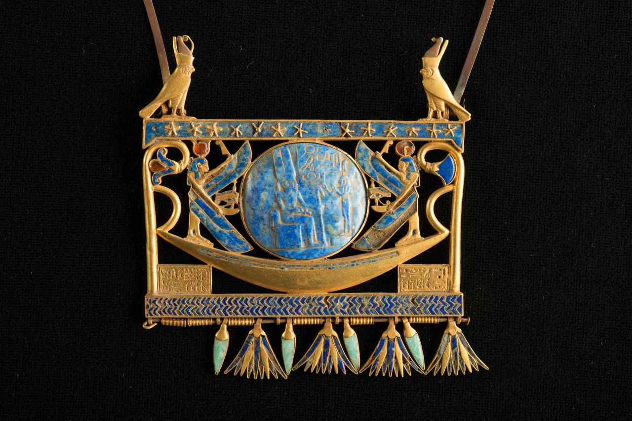 Canopus and Thonis-Heracleion also yielded intricate jewelry, says Masson-Berghoff, which will be on display in London. Seen here is a pectoral in gold, lapis lazuli and glass paste, found in Tanis in the royal tomb of the Pharaoh Sheshonk II. In the center of the piece is a vessel not unlike the processional barge discovered by Goddio's team in Abukir Bay.