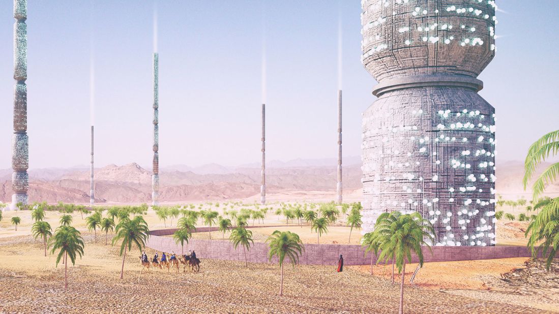 These 1km tall multi-functional towers, by American designers Eric Randall Morris and Galo Canizares, can produce and collect water, as well as pollinate their surrounding landscape, turning the land into an oasis. 