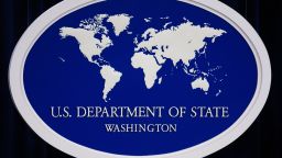 The US Department of State logo is displayed inside the media briefing room 01 November 2007 at the US Department of State in Washington, DC.   