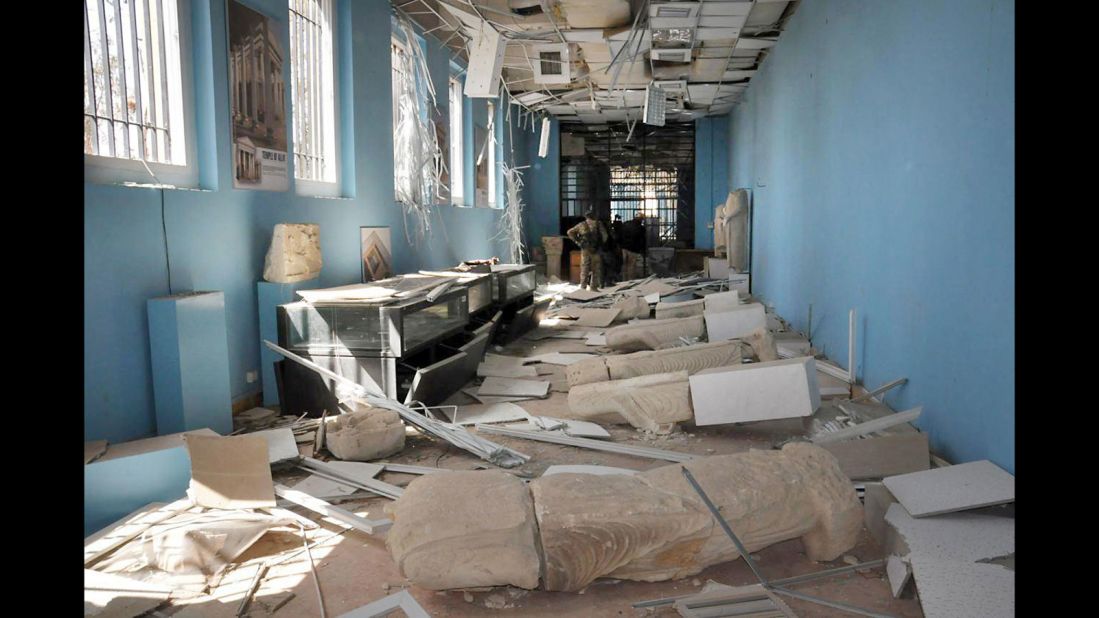 Destroyed statues are seen inside the damaged Palmyra Museum on March 27.