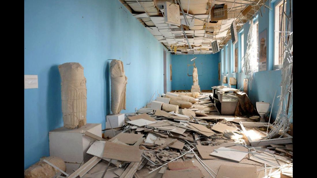 Destroyed statues inside the Palmyra Museum.