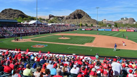 The Texas Rangers play the Los Angeles Angels in Tempe, Arizona, on March 13.