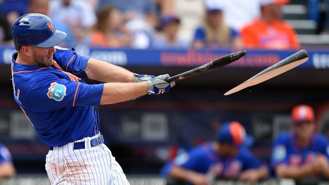 The bat shatters in Eric Campbell's hands during a New York Mets game in Port St. Lucie, Florida, on March 12.