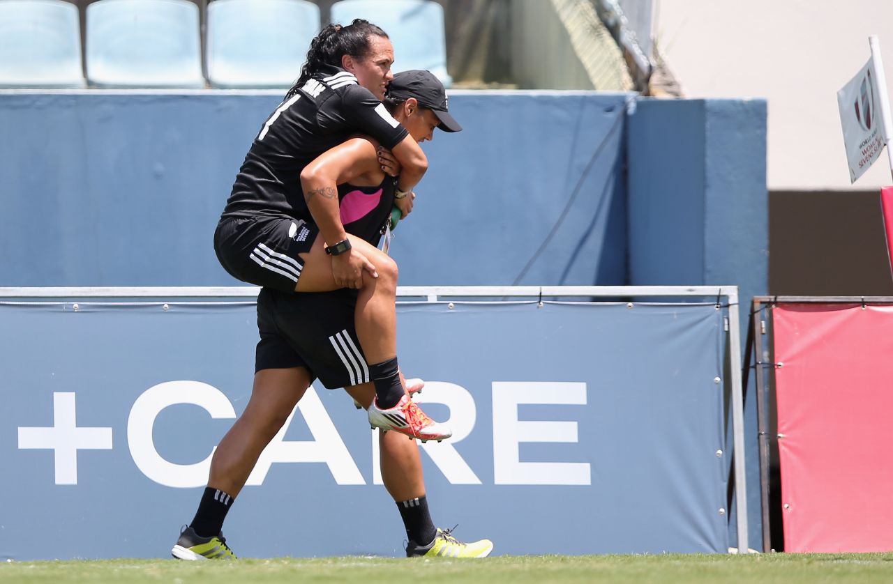 The Black Ferns are yet to hit top gear, with star players Woodman and McAlister suffering injuries. Here Woodman is carried off in Sao Paulo in February.