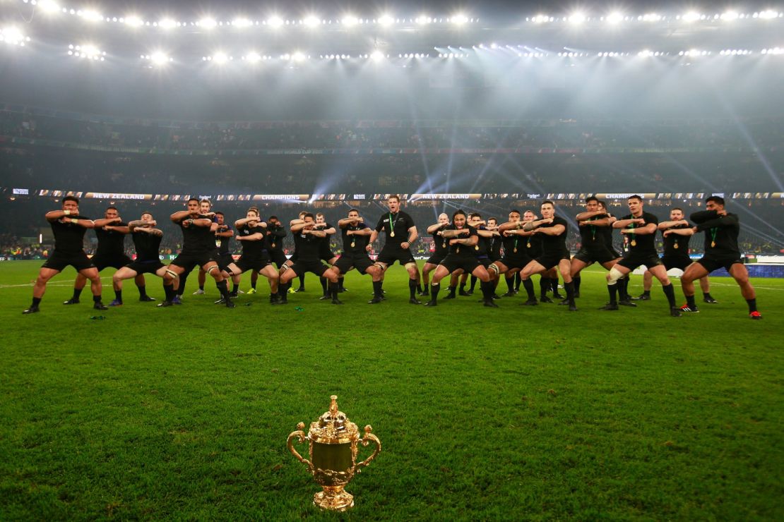 The All Blacks perform the haka after winning the 2015 World Cup final.