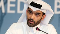 Hassan al-Thawadi, head of the Qatar 2022 World Cup organising committee, speaks during a press conference to defend the controversial proposal of the FIFA, the football's ruling body, to shift the 2022 World Cup from the normal summer time slot to November/December on February 25, 2015 in Doha. Valcke said that European football clubs would not receive financial compensation for the 2022 World Cup being moved to November-December.    AFP PHOTO / KARIM JAAFAR
===QATAR OUT ===        (Photo credit should read KARIM JAAFAR/AFP/Getty Images)