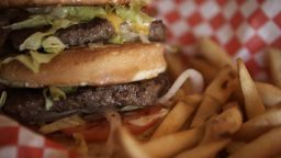 Cheeseburger and French fries, close-up (focus on cheeseburger)