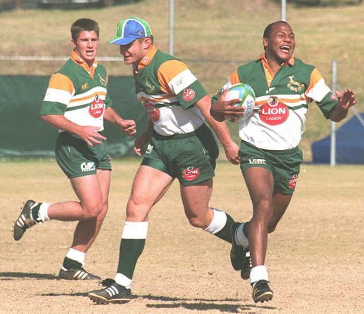 Chester Williams (right) was the first black player to represent the Springboks after the end of apartheid, and was an integral part of the title-winning side in 1995. The winger scored four tries in the quarterfinal win over Samoa. 