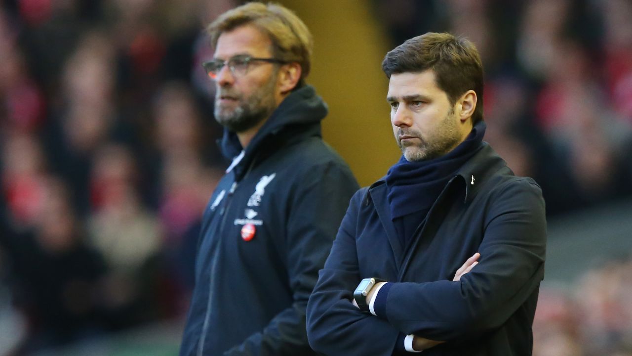 LIVERPOOL, ENGLAND - APRIL 02:  Jurgen Klopp, manager of Liverpool and Mauricio Pochettino Manager of Tottenham Hotspur look on during the Barclays Premier League match between Liverpool and Tottenham Hotspur at Anfield on April 2, 2016 in Liverpool, England.  (Photo by Alex Livesey/Getty Images)