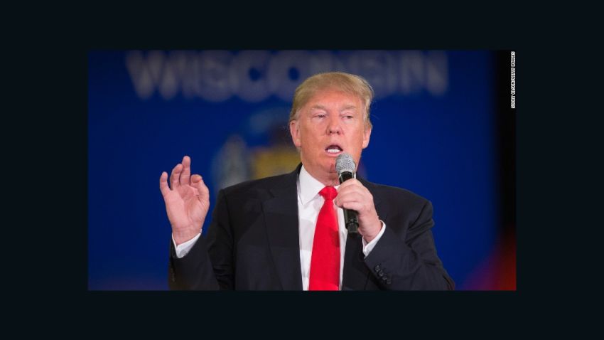 ROTHSCHILD, WISCONSIN - APRIL 02: Republican presidential candidate Donald Trump speaks to guests during a campaign stop at the Central Wisconsin Convention & expo Center on April 2, 2016 in Rothschild, Wisconsin. Wisconsin voters go to the polls for the state's primary on April 5. (Photo by Scott Olson/Getty Images)
