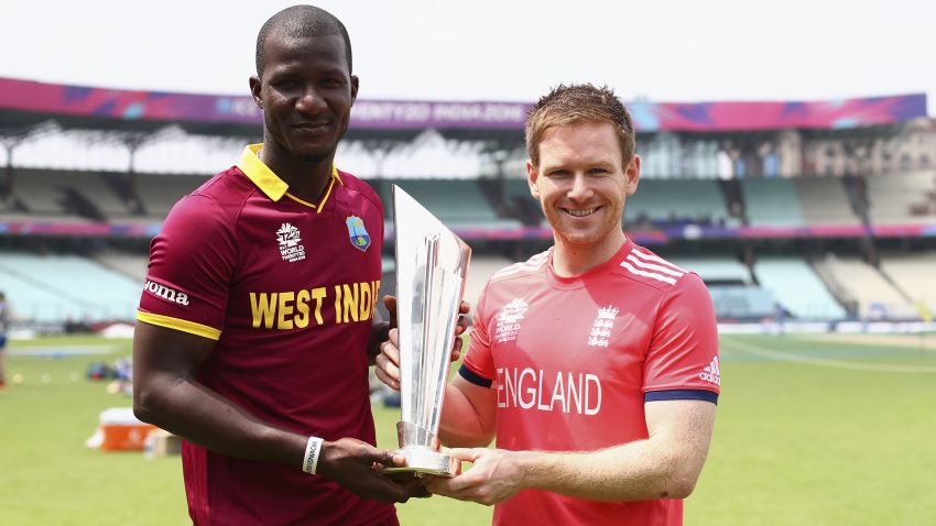 KOLKATA, WEST BENGAL - APRIL 02:   Darren Sammy of the West Indies and Eoin Morgan of England hold the trophy during previews ahead of the ICC World Twenty20 India Final between England and West Indies on April 2, 2016 in Kolkata, India.  (Photo by Ryan Pierse/Getty Images)